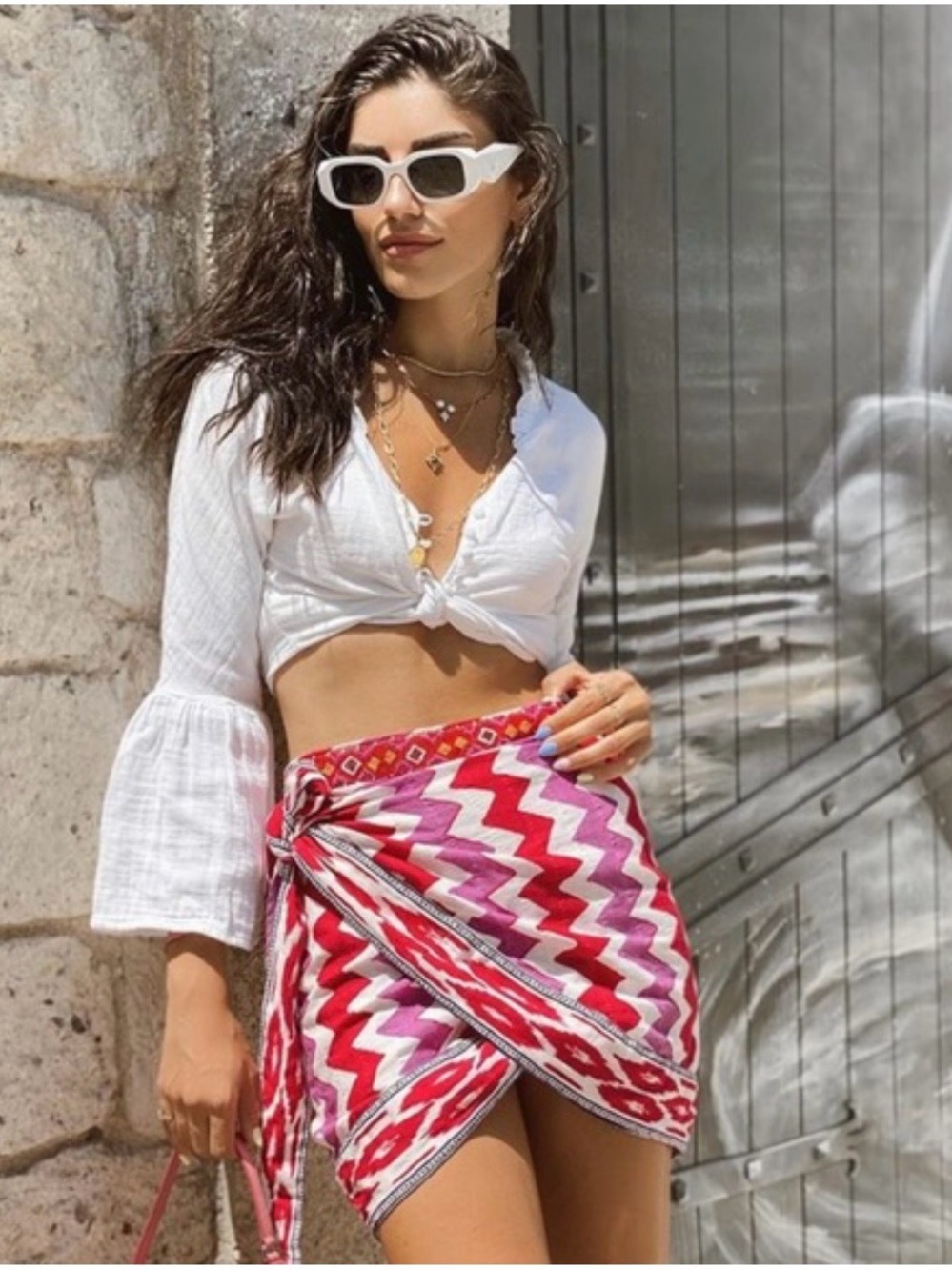 Zara Pink & Red Patterned Wrap Skirt